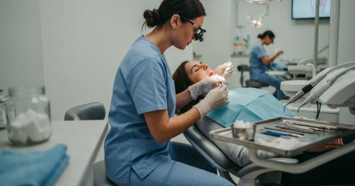 Students training in a dental hygiene program