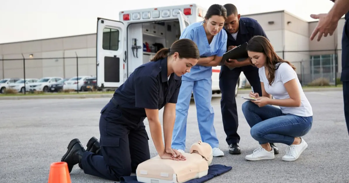 Students training in a emt / paramedic program