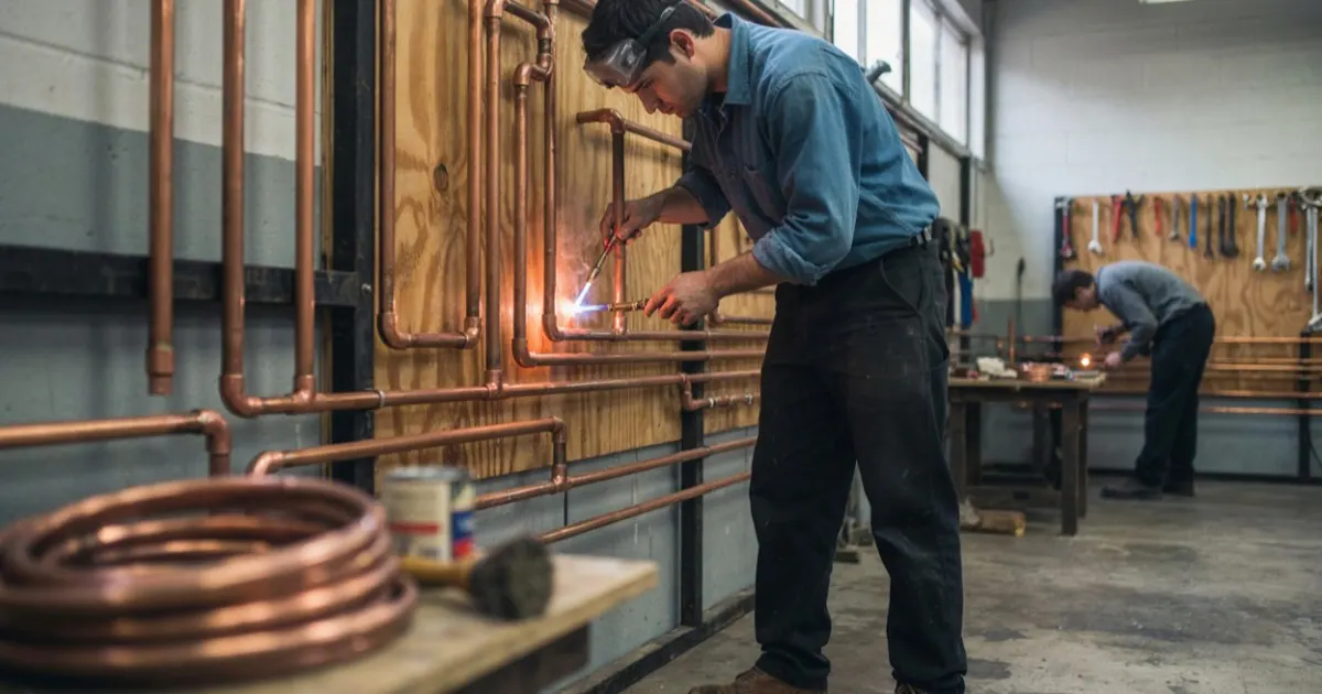 Students training in a plumbing program